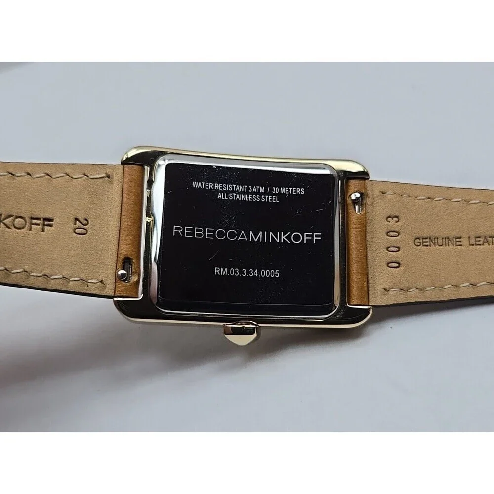 Rebecca Minkoff Womens Black Dial Tank Dress Watch New Battery Gold Tone Leather